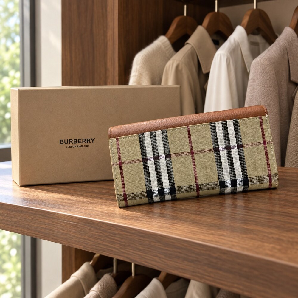 Burberry Vintage Check Long Flap Wallet in Tan Leather - Picture 4 of 6